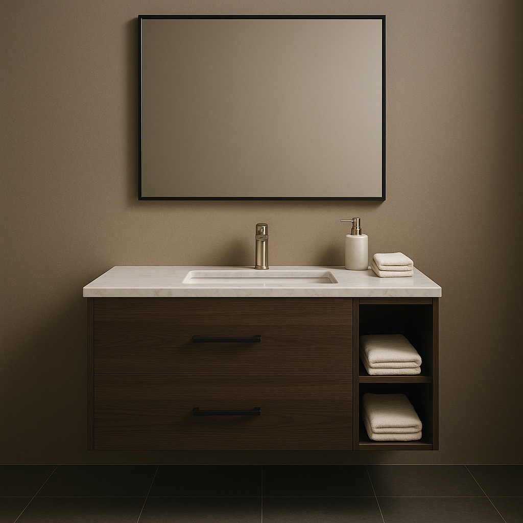 Vanity and sink composition suitable for hospitality bathroom renderings